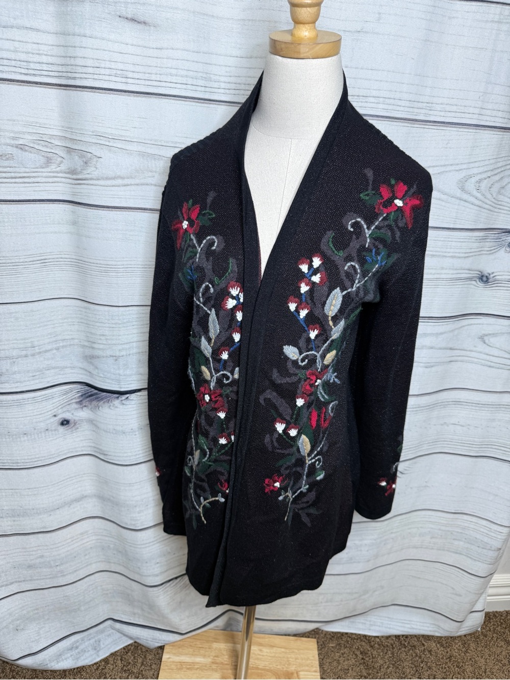 Christopher & Banks Black Open-Front Cardigan with Floral Embroidery